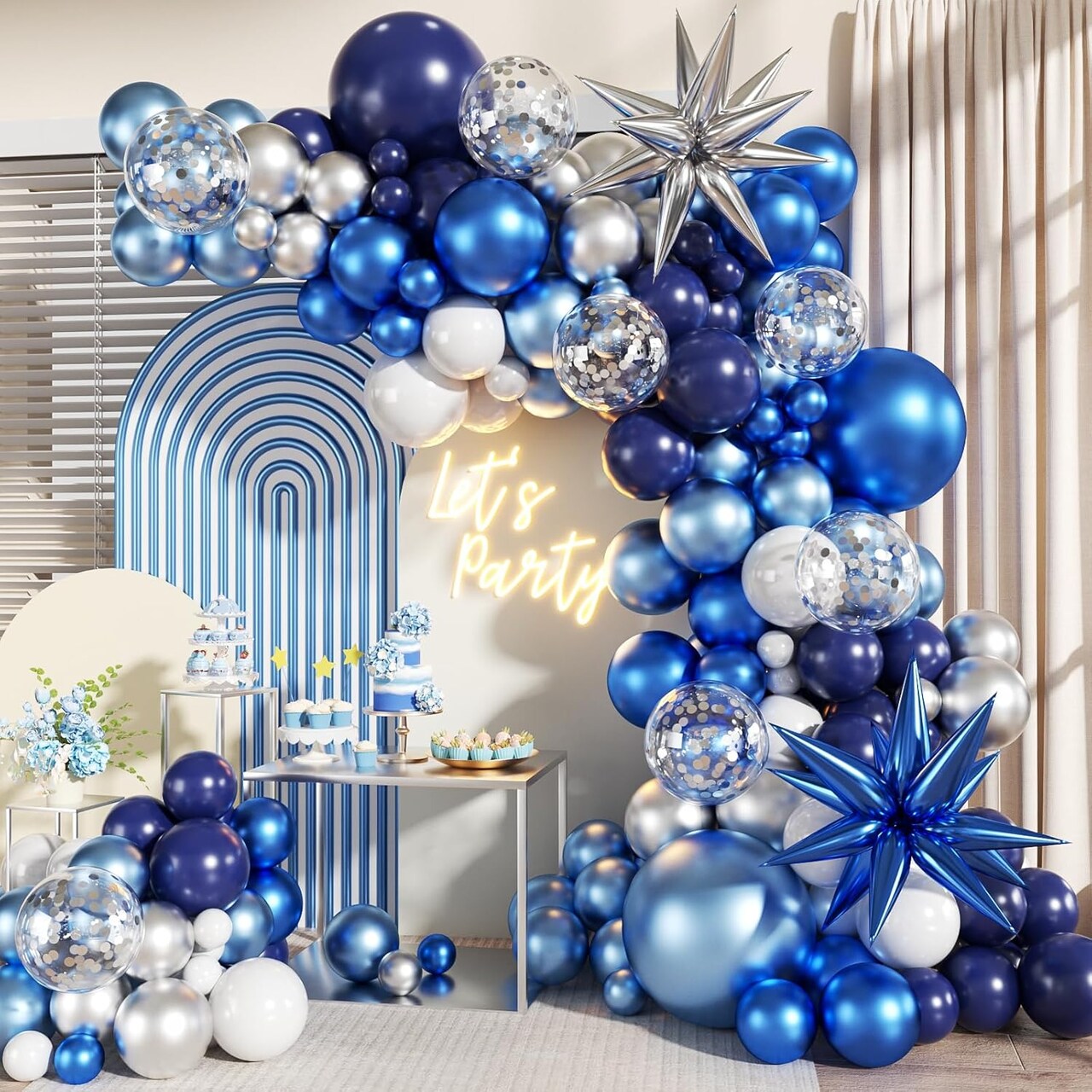 140PCS Blue White Silver Balloon Garland Arch Kit – Navy Metallic Blue, Silver & Confetti Balloons with Star Foils for Birthday, Wedding, Graduation, Bridal Shower & Party Decorations